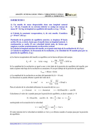 ARAGÓN / JUNIO 04. LOGSE / FÍSICA / VIBRACIONES Y ONDAS /
OPCIÓN A / EJERCICIO 1
www.profes.net es un servicio gratuito de Ediciones SM
EJERCICIO 1
1) Un muelle de masa despreciable tiene una longitud natural
L0 = 20 cm. Cuando de su extremo inferior se cuelga un cuerpo de
masa M = 0,1 kg, la longitud en equilibrio del muelle es Leq = 30 cm.
a) Calcula la constante recuperadora, k, de este muelle. Considera
g = 10 m/s2
. (0,5 p.)
Partiendo de la posición de equilibrio anterior, se desplaza M hacia
arriba 10 cm, es decir, hasta que el muelle tiene su longitud natural. A
continuación se suelta M con velocidad inicial nula, de forma que
empieza a oscilar armónicamente en dirección vertical.
b) Calcula la longitud máxima del muelle, en el punto más bajo de la oscilación de M. (1 p.)
c) Calcula la amplitud y la frecuencia de la oscilación, y la velocidad de M cuando pasa por su
posición de equilibrio. (1 p.)
a) La fuerza recuperadora del muelle se equilibra con la fuerza del peso del cuerpo.
m/N10
1,0
10·1,0
x∆
mg
k;g·mx∆·kPFk ====⇒=
b) La amplitud de la oscilación es igual a uno y otro lado de la posición de equilibrio del muelle, por
tanto el punto más bajo de la oscilación se encuentra 10 cm por debajo de la posición de equilibrio:
m4,0cm40Lmax ==
c) La amplitud de la oscilación es un dato del apartado b) (A = 10 cm)
La frecuencia se puede obtener a partir del valor de k:
s/rad10
10
1,0
m
k
ωωmk 2
===⇒=
Para el calculo de la velocidad utilizamos la ecuación del m.v.a.s.:
t10sent10sen10·1,0vtωsenωAvtωcosAy −=−=−=⇒=
Calculamos el valor de t cuando pasa por la posición de equilibrio, es decir cuando y = 0
s
20
π
tπn2
2
π
t10;0t10cos;t10cos100 =⇒+===
sustituyendo en la ecuación de la velocidad
s/m1
2
π
sen
20
π
·10senv −=−=⎟
⎠
⎞
⎜
⎝
⎛
−=
El valor máximo de la velocidad en módulo es 1m/s y se obtiene cuando el cuerpo pasa por la posición
de equilibrio.
 