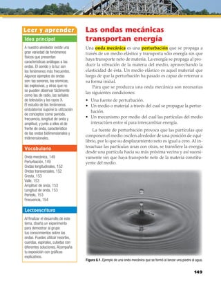 149149
Las ondas mecánicas
transportan energía
Una onda mecánica es una perturbación que se propaga a
través de un medio elástico y transporta sólo energía sin que
haya transporte neto de materia. La energía se propaga al pro-
ducir la vibración de la materia del medio, aprovechando la
elasticidad de ésta. Un medio elástico es aquel material que
luego de que la perturbación ha pasado es capaz de retornar a
su forma inicial.
Para que se produzca una onda mecánica son necesarias
las siguientes condiciones:
Una fuente de perturbación.•	
Un medio o material a través del cual se propague la pertur-•	
bación.
Un mecanismo por medio del cual las partículas del medio•	
interactúen entre sí para intercambiar energía.
La fuente de perturbación provoca que las partículas que
componen el medio oscilen alrededor de una posición de equi-
librio, por lo que su desplazamiento neto es igual a cero. Al in-
teractuar las partículas unas con otras, se transfiere la energía
desde una partícula hacia su más próxima vecina y así sucesi-
vamente sin que haya transporte neto de la materia constitu-
yente del medio.
Idea principal
A nuestro alrededor existe una
gran variedad de fenómenos
físicos que presentan
características análogas a las
ondas. El sonido y la luz son
los fenómenos más frecuentes.
Algunos ejemplos de ondas
son: las sonoras, las sísmicas,
las explosivas, y otras que no
se pueden observar fácilmente
como las de radio, las señales
de televisión y los rayos X.
El estudio de los fenómenos
ondulatorios supone la utilización
de conceptos como período,
frecuencia, longitud de onda y
amplitud, y junto a ellos el de
frente de onda, característico
de las ondas bidimensionales y
tridimensionales.
Vocabulario
Onda mecánica, 149
Perturbación, 149
Ondas longitudinales, 152
Ondas transversales, 152
Cresta, 153
Valle, 153
Amplitud de onda, 153
Longitud de onda, 153
Período, 153
Frecuencia, 154
Lectoescritura
Al finalizar el desarrollo de este
tema, diseña un experimento
para demostrar al grupo
tus conocimientos sobre las
ondas. Puedes utilizar resortes,
cuerdas, espirales, cubetas con
diferentes soluciones. Acompaña
tu exposición con gráficos
explicativos.
Figura 6.1. Ejemplo de una onda mecánica que se formó al lanzar una piedra al agua.
 