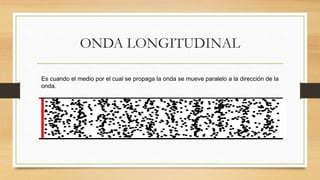 ONDA LONGITUDINAL
Es cuando el medio por el cual se propaga la onda se mueve paralelo a la dirección de la
onda.
 