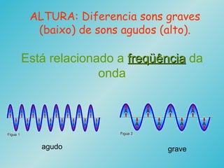 ALTURA: Diferencia sons graves
(baixo) de sons agudos (alto).
Está relacionado a freqüênciafreqüência da
onda
graveagudo
 