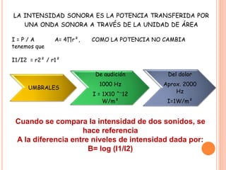 LA INTENSIDAD SONORA ES LA POTENCIA TRANSFERIDA POR
UNA ONDA SONORA A TRAVÉS DE LA UNIDAD DE ÁREA
I = P / A A= 4∏r², COMO LA POTENCIA NO CAMBIA
tenemos que
I1/I2 = r2² / r1²
UMBRALES
De audición
1000 Hz
I = 1X10 ^⁻12
W/m²
Del dolor
Aprox. 2000
Hz
I=1W/m²
Cuando se compara la intensidad de dos sonidos, se
hace referencia
A la diferencia entre niveles de intensidad dada por:
B= log (I1/I2)
 