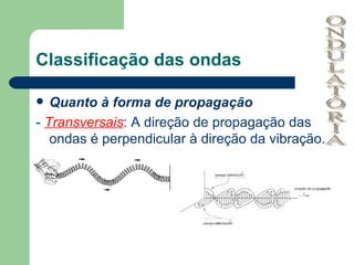 Classificação das ondas Quanto à forma de propagação -  Transversais : A direção de propagação das ondas é perpendicular à direção da vibração. ONDULATÓRIA 