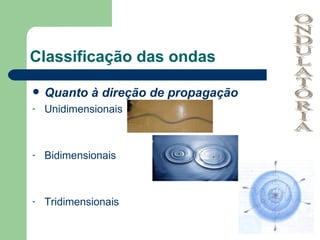 Classificação das ondas Quanto à direção de propagação Unidimensionais Bidimensionais Tridimensionais ONDULATÓRIA 