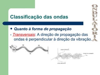 Classificação das ondas

  Quanto à forma de propagação
- Transversais: A direção de propagação das
   ondas é perpendicular à direção da vibração.
 