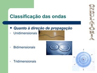 Classificação das ondas

   Quanto à direção de propagação
-   Unidimensionais



-   Bidimensionais



-   Tridimensionais
 