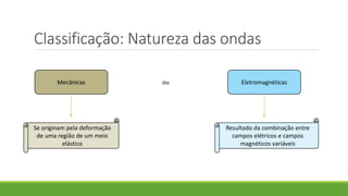 Classificação: Natureza das ondas
Mecânicas Eletromagnéticas
ou
Se originam pela deformação
de uma região de um meio
elástico
Resultado da combinação entre
campos elétricos e campos
magnéticos variáveis
 