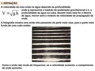 A velocidade de uma onda na água depende da profundidade:
h
.
g
V 
onde g representa o módulo da aceleração gravitacional e h, a
profundidade da água na cuba. Quanto mais rasa for a lâmina
de água, menor será o módulo da velocidade de propagação da
onda.
1- REFRAÇÃO
A fotografia mostra uma onda reta passando da parte mais rasa, para a parte mais
funda de uma cuba ondas:
Como a onda não muda de frequencia, se a velocidade aumenta, o comprimento
de onda aumenta.
 