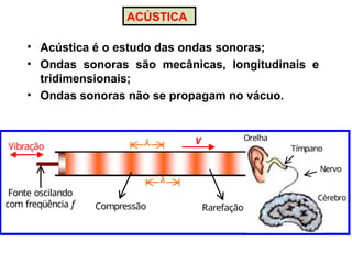 • Acústica é o estudo das ondas sonoras;
• Ondas sonoras são mecânicas, longitudinais e
tridimensionais;
• Ondas sonoras não se propagam no vácuo.


V
Fonte oscilando
com freqüência f
Orelha
Tímpano
Nervo
Cérebro
Compressão Rarefação
Vibração
ACÚSTICA
 