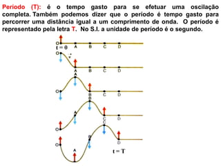 Período (T): é o tempo gasto para se efetuar uma oscilação
completa. Também podemos dizer que o período é tempo gasto para
percorrer uma distância igual a um comprimento de onda. O período é
representado pela letra T. No S.I. a unidade de período é o segundo.
 