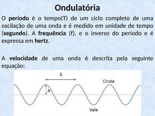 O período é o tempo(T) de um ciclo completo de uma
oscilação de uma onda e é medido em unidade de tempo
(segundo). A frequência (f), e o inverso do período e é
expressa em hertz.
A velocidade de uma onda é descrita pela seguinte
equação:
Ondulatória
 