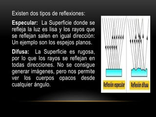 Existen dos tipos de reflexiones:
Especular: La Superficie donde se
refleja la luz es lisa y los rayos que
se reflejan salen en igual dirección:
Un ejemplo son los espejos planos.
Difusa: La Superficie es rugosa,
por lo que los rayos se reflejan en
todas direcciones. No se consigue
generar imágenes, pero nos permite
ver los cuerpos opacos desde
cualquier ángulo.
 