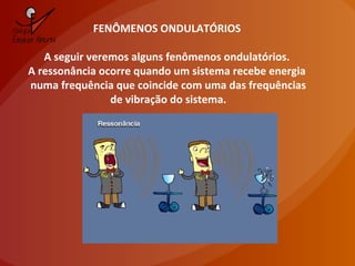 FENÔMENOS ONDULATÓRIOS
A seguir veremos alguns fenômenos ondulatórios.
A ressonância ocorre quando um sistema recebe energia
numa frequência que coincide com uma das frequências
de vibração do sistema.
 