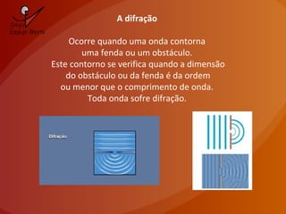 A difração
Ocorre quando uma onda contorna
uma fenda ou um obstáculo.
Este contorno se verifica quando a dimensão
do obstáculo ou da fenda é da ordem
ou menor que o comprimento de onda.
Toda onda sofre difração.
 