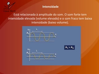 Intensidade
Está relacionada à amplitude do som. O som forte tem
intensidade elevada (volume elevado) e o som fraco tem baixa
intensidade (baixo volume).
 