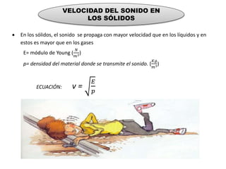 VELOCIDAD DEL SONIDO EN
LOS SÓLIDOS
 En los sólidos, el sonido se propaga con mayor velocidad que en los líquidos y en
estos es mayor que en los gases
E= módulo de Young (
𝑁
𝑚2)
p= densidad del material donde se transmite el sonido. (
𝐾𝑔
𝑚3)
ECUACIÓN: v =
𝐸
𝑝
 