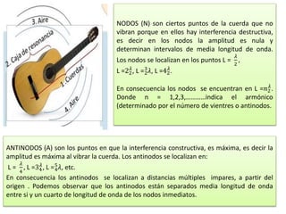 NODOS (N) son ciertos puntos de la cuerda que no
vibran porque en ellos hay interferencia destructiva,
es decir en los nodos la amplitud es nula y
determinan intervalos de media longitud de onda.
Los nodos se localizan en los puntos L =
𝜆
2
,
L =22
𝜆
, L =2
3
𝜆, L =42
𝜆
.
En consecuencia los nodos se encuentran en L =𝑛2
𝜆
.
Donde n = 1,2,3,…………indica el armónico
(determinado por el número de vientres o antinodos.
ANTINODOS (A) son los puntos en que la interferencia constructiva, es máxima, es decir la
amplitud es máxima al vibrar la cuerda. Los antinodos se localizan en:
L =
𝜆
4
, L =34
𝜆
, L =4
5
𝜆, etc.
En consecuencia los antinodos se localizan a distancias múltiples impares, a partir del
origen . Podemos observar que los antinodos están separados media longitud de onda
entre si y un cuarto de longitud de onda de los nodos inmediatos.
 