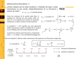 23
Como los extremos de la cuerda están fijos, la
amplitud de vibración de tales puntos debe ser
nula. Si L es la longitud de la cuerda, las siguientes
condiciones se deben verificar en todo momento:
¿Puede cualquier par de ondas incidentes y reflejadas dar lugar a ondas
estacionarias en una cuerda, independientemente de su frecuencia y
número de ondas?
NO!
00sin20
===
Ay x
0sin2 ===
kLAy Lx
π
λ
π
nL =
2
2
λ
nL =
La igualdad L = nλ/2 significa que sólo aparecerán
ondas estacionarias cuando la longitud de la cuerda L
sea un múltiplo entero de media longitud de onda.
µ
T
L
n
fn
2
=
n
L
n
2
=λ
ONDAS ESTACIONARIAS / 2
tkxAyyy ωsinsin221 =+=
,...3,2,1=nπnkL =
Para una longitud L dada las ondas estacionarias sólo aparecen si la frecuencia cumple que
n
L
n
2
=λ
L
v
nfn
2
=
A partir de la relación entre frecuencia y longitud de
onda f = v/λ, donde v es la velocidad de propagación,
n
n
v
f
λ
=
µ
T
v =La velocidad es ...3,2,1=n
n = 1 → f1 frecuencia fundamental
n > 1 → fn armónicos superiores
Nod0Nodo Nodo Nodo Nodo
Anti-nodo Anti-nodo Anti-nodo Anti-nodo
Ejemplo:
4o
armónico
n = 4
n+1 nodos
n antinodos
 