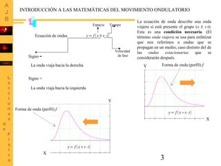 3
INTRODUCCIÓN A LAS MATEMÁTICAS DEL MOVIMIENTO ONDULATORIO
( )tvxfy ⋅±=Ecuación de ondas
Signo +
La onda viaja hacia la derecha
La onda viaja hacia la izquierda
Signo -
Espacio Tiempo
Velocidad
de fase
0,0 0,5 1,0 1,5 2,0 2,5 3,0
-0,05
0,00
0,05
0,10
0,15
X
Y
0,0 0,5 1,0 1,5 2,0 2,5 3,0
-0,05
0,00
0,05
0,10
0,15
X
Y
( )tvxfy ⋅−=
( )tvxfy ⋅+=
Forma de onda (perfil) f
Forma de onda (perfil) f
La ecuación de onda describe una onda
viajera si está presente el grupo (x ± v⋅t).
Esta es una condición necesaria. (El
término onda viajera se usa para enfatizar
que nos referimos a ondas que se
propagan en un medio, caso distinto del de
las ondas estacionarias que se
considerarán después.
 