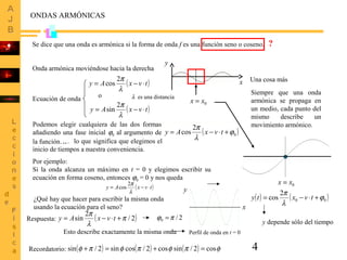4
Onda armónica moviéndose hacia la derecha
( )tvxAy ⋅−=
λ
π2
sin
y
x
Ecuación de onda
( )tvxAy ⋅−=
λ
π2
cos
o
ONDAS ARMÓNICAS
Podemos elegir cualquiera de las dos formas
añadiendo una fase inicial ϕ0 al argumento de
la función…
Se dice que una onda es armónica si la forma de onda f es una función seno o coseno. ?
… lo que significa que elegimos el
inicio de tiempos a nuestra conveniencia.
Una cosa más
Siempre que una onda
armónica se propaga en
un medio, cada punto del
mismo describe un
movimiento armónico.
0xx =
Por ejemplo:
Si la onda alcanza un máximo en t = 0 y elegimos escribir su
ecuación en forma coseno, entonces ϕ0 = 0 y nos queda
( )2/
2
sin π
λ
π
+⋅−= tvxAy
( ) ( )00
2
cos ϕ
λ
π
+⋅−= tvxty
x
y
2/0 πϕ =
( )0
2
cos ϕ
λ
π
+⋅−= tvxAy
Esto describe exactamente la misma onda
( )tvxAy ⋅−=
λ
π2
cos
¿Qué hay que hacer para escribir la misma onda
usando la ecuación para el seno?
Respuesta:
Recordatorio: ( ) ( ) ( ) φπφπφπφ cos2/sincos2/cossin2/sin =+=+
Perfil de onda en t = 0
y depende sólo del tiempo
0xx =
λ es una distancia
 