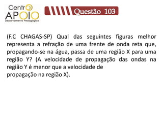 (F.C CHAGAS-SP) Qual das seguintes figuras melhor
representa a refração de uma frente de onda reta que,
propagando-se na água, passa de uma região X para uma
região Y? (A velocidade de propagação das ondas na
região Y é menor que a velocidade de
propagação na região X).
 