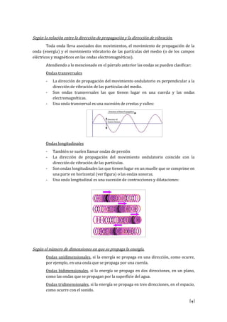 [4]
Según la relación entre la dirección de propagación y la dirección de vibración.
Toda onda lleva asociados dos movimientos, el movimiento de propagación de la
onda (energía) y el movimiento vibratorio de las partículas del medio (o de los campos
eléctricos y magnéticos en las ondas electromagnéticas).
Atendiendo a lo mencionado en el párrafo anterior las ondas se pueden clasificar:
Ondas transversales
- La dirección de propagación del movimiento ondulatorio es perpendicular a la
dirección de vibración de las partículas del medio.
- Son ondas transversales las que tienen lugar en una cuerda y las ondas
electromagnéticas.
- Una onda transversal es una sucesión de crestas y valles:
Ondas longitudinales
- También se suelen llamar ondas de presión
- La dirección de propagación del movimiento ondulatorio coincide con la
dirección de vibración de las partículas.
- Son ondas longitudinales las que tienen lugar en un muelle que se comprime en
una parte en horizontal (ver figura) o las ondas sonoras.
- Una onda longitudinal es una sucesión de contracciones y dilataciones:
Según el número de dimensiones en que se propaga la energía.
Ondas unidimensionales, si la energía se propaga en una dirección, como ocurre,
por ejemplo, en una onda que se propaga por una cuerda.
Ondas bidimensionales, si la energía se propaga en dos direcciones, en un plano,
como las ondas que se propagan por la superficie del agua.
Ondas tridimensionales, si la energía se propaga en tres direcciones, en el espacio,
como ocurre con el sonido.
 