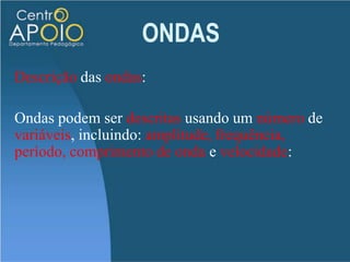 ONDASOndas numa corda: UnidimensionaisOndasna superfíciedaágua: BidimensionaisOndas sonorasTridimensionais