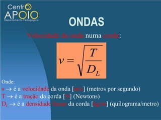 ONDASVelocidade da onda numa corda:O movimento de uma onda numa corda transmite energia mecânica. Dentre elas as mais conhecidas são energia cinética e energia potencial.