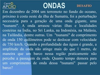 ONDASExercíciosUma onda transversal propaga-se em um fio de densidade d=10 g/m. O fio está submetido a uma tração F = 16 N. Verifica-se que a menor distância entre duas cristas da onda é igual a 4,0 m. Calcule a freqüência desta onda, em Hz.