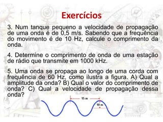 Exercícios
3. Num tanque pequeno a velocidade de propagação
de uma onda é de 0,5 m/s. Sabendo que a frequência
do movimento é de 10 Hz, calcule o comprimento da
onda.
4. Determine o comprimento de onda de uma estação
de rádio que transmite em 1000 kHz.
5. Uma onda se propaga ao longo de uma corda com
frequência de 60 Hz, como ilustra a figura. A) Qual a
amplitude da onda? B) Qual o valor do comprimento de
onda? C) Qual a velocidade de propagação dessa
onda?
 