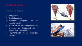 1. Ondas de Choque:
1.1. Efectos Fisiológicos:
1. Analgésico.
2. Antiinflamatorio
3. Aumento temporal de la
vascularización
4. Activación de la Osteogénesis en
procesos de Pseudoartrosis y
retardos de consolidación.
5. Fragmentación de los depósitos
cálcicos.
 