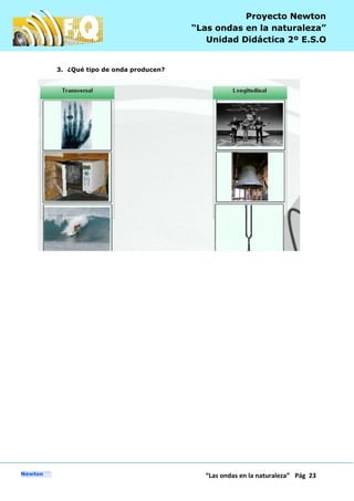 P
“Las ondas en la naturaleza” Pág 23
Proyecto Newton
“Las ondas en la naturaleza”
Unidad Didáctica 2º E.S.O
3. ¿Qué tipo de onda producen?
 