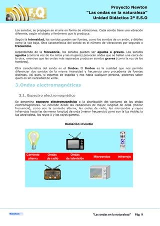 P
“Las ondas en la naturaleza” Pág 9
Proyecto Newton
“Las ondas en la naturaleza”
Unidad Didáctica 2º E.S.O
Los sonidos, se propagan en el aire en forma de vibraciones. Cada sonido tiene una vibración
diferente, según el objeto o fenómeno que lo produzca.
Según la intensidad, los sonidos pueden ser fuertes, como los sonidos de un avión, y débiles
como la voz baja. Otra característica del sonido es el número de vibraciones por segundo o
frecuencia.
Dependiendo de la frecuencia, los sonidos pueden ser agudos o graves. Los sonidos
agudos (como la voz de los niños y las mujeres) provocan ondas que se hallan una cerca de
la otra, mientras que las ondas más separadas producen sonidos graves (como la voz de los
hombres).
Otra característica del sondo es el timbre. El timbre es la cualidad que nos permite
diferenciar dos sonidos de la misma intensidad y frecuencia pero procedente de fuentes
distintas. Así pues, si estamos de espalda y nos habla cualquier persona, podemos saber
quien es sin necesidad de verla.
3.Ondas electromagnéticas
3.1. Espectro electromagnético
Se denomina espectro electromagnético a la distribución del conjunto de las ondas
electromagnéticas. Se extiende desde las radiaciones de mayor longitud de onda (menor
frecuencia), como son la corriente alterna, las ondas de radio, las microondas y rayos
infrarrojos hasta las de menor longitud de onda (menor frecuencia) como son la luz visible, la
luz ultravioleta, los rayos X y los rayos gamma.
Radiación invisible
 