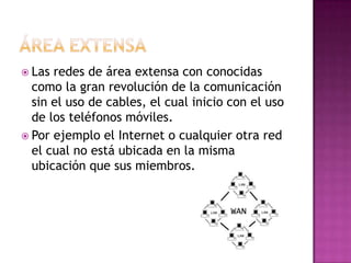  Las redes de área extensa con conocidas
  como la gran revolución de la comunicación
  sin el uso de cables, el cual inicio con el uso
  de los teléfonos móviles.
 Por ejemplo el Internet o cualquier otra red
  el cual no está ubicada en la misma
  ubicación que sus miembros.
 