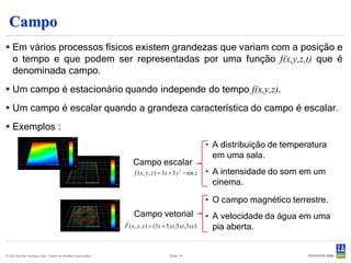 Campo
 Em vários processos físicos existem grandezas que variam com a posição e
  o tempo e que podem ser representadas por uma função f(x,y,z,t) que é
  denominada campo.
 Um campo é estacionário quando independe do tempo f(x,y,z).
 Um campo é escalar quando a grandeza característica do campo é escalar.
 Exemplos :
                                                                                                     • A distribuição de temperatura
                                                                                                       em uma sala.
                                                               Campo escalar
                                                                f ( x, y, z ) = 3x + 5 y 2 − sin z   • A intensidade do som em um
                                                                                                       cinema.

                                                                                                     • O campo magnético terrestre.
                                                               Campo vetorial                        • A velocidade da água em uma
                                                           
                                                           F ( x, y, z ) = (3x + 5 yz,5 xz,3 xy)       pia aberta.


© Det Norske Veritas Ltda. Todos os direitos reservados.                           Slide 10
 