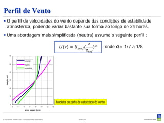 Perfil de Vento
  O perfil de velocidades do vento depende das condições de estabilidade
   atmosférica, podendo variar bastante sua forma ao longo de 24 horas.


                                                                                          𝑧
  Uma abordagem mais simplificada (neutra) assume o seguinte perfil :

                                                              𝑈 𝑧 = 𝑈 𝑧𝑧𝑒𝑧(                      )𝛼
                                                                                         𝑧 𝑧𝑒𝑧
                                                                                                      onde   α= 1/7 a 1/8




                                                           Modelos de perfis de velocidade do vento




© Det Norske Veritas Ltda. Todos os direitos reservados.                     Slide 108
 