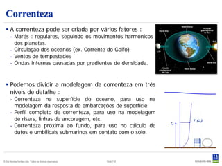 Correnteza
   A correnteza pode ser criada por vários fatores :
      - Marés : regulares, seguindo os movimentos harmônicos
        dos planetas.
      - Circulação dos oceanos (ex. Corrente do Golfo)
      - Ventos de tempestades
      - Ondas internas causadas por gradientes de densidade.


   Podemos dividir a modelagem da correnteza em três
    níveis de detalhe :
      - Correnteza na superfície do oceano, para uso na
        modelagem da resposta de embarcações de superfície.
      - Perfil completo de correnteza, para uso na modelagem
        de risers, linhas de ancoragem, etc.
      - Correnteza próxima ao fundo, para uso no cálculo de
        dutos e umbilicais submarinos em contato com o solo.




© Det Norske Veritas Ltda. Todos os direitos reservados.   Slide 110
 