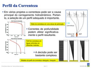 Perfil da Correnteza
   Em vários projetos a correnteza pode ser a causa
    principal do carregamento hidrodinâmico. Portan-
    to, a seleção de um perfil adequado é importante.

                                                                  Efeito da correnteza em uma coluna de perfuração
                                                                                                                     Correnteza

                                                            Correntes de profundidade
                                                             podem afetar significativa-
                                                                                                                     Cabeça do    BOP
                                                             mente o perfil resultante.                                   poço


                                                           Perfil de correnteza em
                                                           águas profundas em
                                                           diferentes instantes.



                                                                       A decisão pode ser
                                                                        bastante complexa.
                                                 Modelos de perfis de correnteza retangular, triangular, ...


© Det Norske Veritas Ltda. Todos os direitos reservados.                             Slide 111
 