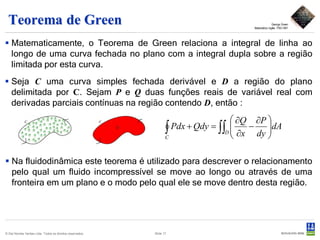 Teorema de Green                                                                                     George Green
                                                                                         Matemático inglês 1793-1841




 Matematicamente, o Teorema de Green relaciona a integral de linha ao
  longo de uma curva fechada no plano com a integral dupla sobre a região
  limitada por esta curva.
 Seja C uma curva simples fechada derivável e D a região do plano
  delimitada por C. Sejam P e Q duas funções reais de variável real com
  derivadas parciais contínuas na região contendo D, então :
                                                                                     ∂Q ∂P 
                                                                  ∫
                                                                  C
                                                                    Pdx + Qdy = ∫∫ 
                                                                                  D  ∂x
                                                                                    
                                                                                         −    dA
                                                                                           dy 
                                                                                              

 Na fluidodinâmica este teorema é utilizado para descrever o relacionamento
  pelo qual um fluido incompressível se move ao longo ou através de uma
  fronteira em um plano e o modo pelo qual ele se move dentro desta região.




© Det Norske Veritas Ltda. Todos os direitos reservados.   Slide 17
 