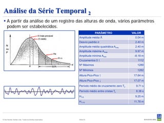 Análise da Série Temporal 2
  A partir da análise de um registro das alturas de onda, vários parâmetros
   podem ser estabelecidos.
                                                                        PARÂMETRO                VALOR
                                                           Amplitude média Ā                       0.04 m
                                                           Desvio padrão σ                         2.40 m
                                                           Amplitude média quadrática Arms         2.40 m
                                                           Amplitude máxima Amax                   9.97 m
                                                           Amplitude mínima Amin                  -8.18 m
                                                           Cruzamentos 0 ↑                          1112
                                                           Nº Máximos                               1289
                                                           Nº Mínimos                               1282
                                                           Altura Pico-Pico ↑                     17.64 m
                                                           Altura Pico-Pico ↓                     17.07 m
                                                           Período médio de cruzamento zero Tz     9.71 s
                                                           Período médio entre cristas Tc          8.38 s
                                                           H1/3                                    9.25 m
                                                           H1/10                                  11.78 m




© Det Norske Veritas Ltda. Todos os direitos reservados.   Slide 43
 
