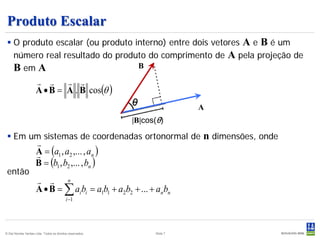Produto Escalar
  O produto escalar (ou produto interno) entre dois vetores A e B é um
   número real resultado do produto do comprimento de A pela projeção de
   B em A                         B

                        
                     A • B = A . B cos(θ )
                                                                           A
                                                           |B|cos(θ)

  Em um sistemas de coordenadas ortonormal de                             n dimensões, onde
                     
                     A = (a1 , a2 ,... , an )
                     
                     B = (b1 , b2 ,... , bn )
 então
                       n
                     A • B = ∑ ai bi = a1b1 + a2b2 + ... + anbn
                                           i −1




© Det Norske Veritas Ltda. Todos os direitos reservados.         Slide 7
 