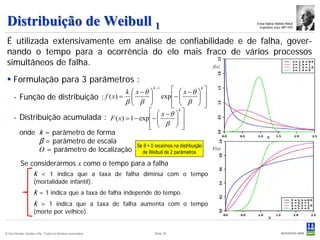 Distribuição de Weibull 1                                                               Ernest Hajlmar Waloddi Weibull
                                                                                           Engenheiro suíço 1887-1979



 É utilizada extensivamente em análise de confiabilidade e de falha, gover-
 nando o tempo para a ocorrência do elo mais fraco de vários processos
 simultâneos de falha.                             f(x)


  Formulação para 3 parâmetros :
                                        k  x −θ 
                                                     k −1
                                                              x − θ k 
     - Função de distribuição : f ( x) =           exp −      β     
                                        β β 
                                                           
                                                                           
                                                                k
                                                                   
     - Distribuição acumulada : F ( x) = 1 − exp −  x − θ  
                                                        
                                                              
                                                               
                                                    β  
                                                                  
       onde k = parâmetro de forma
                                                                                                 x
             β = parâmetro de escala
                                            Se θ = 0 recaímos na distribuição
             ϴ = parâmetro de localização de Weibull de 2 parâmetros              F(x)


          Se considerarmos x como o tempo para a falha
                    k < 1 indica que a taxa de falha diminui com o tempo
                    (mortalidade infantil).
                    k = 1 indica que a taxa de falha independe do tempo.
                    k > 1 indica que a taxa de falha aumenta com o tempo
                    (morte por velhice).
                                                                                                  x


© Det Norske Veritas Ltda. Todos os direitos reservados.   Slide 76
 