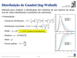 Distribuição de Gumbel (log-Weibull)                                                                         Emil Julius Gumbel
                                                                                                    Matemático alemão 1891-1966



 Utilizada para modelar a distribuição dos máximos de um número de amos-
 tras de várias distribuições (estatística de extremos).
  Formulação :
                                                                1     x−µ            x − µ 
     - Função de distribuição : f ( x) =                          exp
                                                                      β   exp − exp
                                                                                       β   
                                                                β                          
                                                          x − µ 
     - Distribuição acumulada : F ( x) = 1 − exp − exp
                                                          β   
                                                                
     - Média : µ + γβ γ= 0,57721 (constante de Euler-Mascheroni)

     - Mediana : µ − β ln (ln (2 ))

     - Moda : μ
                                                           βπ
     - Desvio padrão : σ =
                                                            6




© Det Norske Veritas Ltda. Todos os direitos reservados.                 Slide 78
 