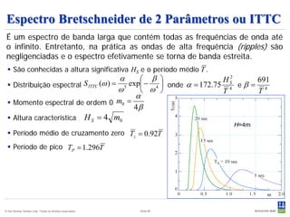 Espectro Bretschneider de 2 Parâmetros ou ITTC
 É um espectro de banda larga que contém todas as frequências de onda até
 o infinito. Entretanto, na prática as ondas de alta frequência (ripples) são
 negligenciadas e o espectro efetivamente se torna de banda estreita.
   São conhecidas a altura significativa HS e o período médio T .
                                       α      β                   HS2
                                                                            691
  Distribuição espectral S ITTC (ω ) = 5 exp − 4  onde α = 172.75 4 e β = 4
                                       ω      ω                   T       T
                                            α
  Momento espectral de ordem 0 m0 =
                                           4β
  Altura característica H S = 4 m0

  Período médio de cruzamento zero Tz = 0.92T
  Período de pico TP = 1.296T




© Det Norske Veritas Ltda. Todos os direitos reservados.   Slide 85
 