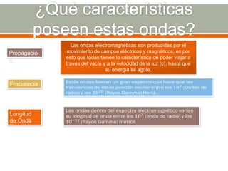 Las ondas electromagnéticas son producidas por el
Propagació    movimiento de campos eléctricos y magnéticos, es por
             esto que todas tienen la característica de poder viajar a
n
             través del vacío y a la velocidad de la luz (c), hasta que
                               su energía se agote.

Frecuencia




Longitud
de Onda
 