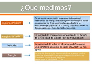 Es un vector cuyo modulo representa la intensidad
                     instantánea de energía electromagnética que fluye a través
Vector de Poynting   e una unidad de área superficial perpendicular a la
                     dirección de propagación de la onda y cuya dirección es la
                     de propagación de la onda electromagnética.


                     La longitud de onda puede ser analizada en función
Longitud de onda
                     de la velocidad de la onda (c) y su frecuencia (f)

                     La velocidad de la luz en el vació se define como
    Velocidad
                     una constante universal de valor 299.792.458 m/s
                     aprox.

     Energía
 