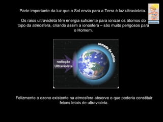 Parte importante da luz que o Sol envia para a Terra é luz ultravioleta.
Os raios ultravioleta têm energia suficiente para ionizar os átomos do
topo da atmosfera, criando assim a ionosfera – são muito perigosos para
o Homem.
Felizmente o ozono existente na atmosfera absorve o que poderia constituir
feixes letais de ultravioleta.
 