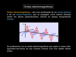 Ondas electromagnéticas
Ondas electromagnéticas - são uma combinação de um campo eléctrico
e de um campo magnético, que se propagam numa mesma direcção
porém em planos perpendiculares, através do espaço transportando
energia.
Se pudéssemos ver as ondas electromagnéticas que viajam a nossa volta,
aperceber-nos-íamos de que vivemos imersos num mar repleto destas
ondas.
 