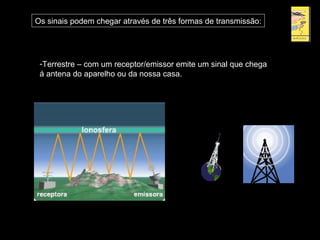 -Terrestre – com um receptor/emissor emite um sinal que chega
á antena do aparelho ou da nossa casa.
Os sinais podem chegar através de três formas de transmissão:
 