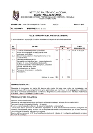 INSTITUTO POLITÉCNICO NACIONAL
                               SECRETARÍA ACADÉMICA
               DIRECCIÓN DE ESTUDIOS PROFESIONALES EN INGENIERÍA Y CIENCIAS
                                   FÍSICO MATEMÁTICAS


ASIGNATURA: Ondas Electromagnéticas Guiadas                     CLAVE:                          HOJA: 4 De 9

No. UNIDAD lI           NOMBRE: Guías de onda


                            OBJETIVOS PARTICULARES DE LA UNIDAD
El alumno analizará la propagación de las ondas electromagnéticas en diferentes medios.



 No.                            TEMAS                                      HORAS                    CLAVE
TEMA                                                                 T       P        EC        BIBLIOGRÁFICA
  2.0    Guías de onda rectangulares y circulares.                  6.0       3       5,0   2B, 3B, 4C, 5C y 8B
  2.1    Modos de propagación en las guías de onda
         rectangular y cilíndrica.
  2.2    Ecuaciones que definen el comportamiento de las
         Guías de Onda.
  2.3    Parámetros de propagación.                                 6.0       3       5.0
         Atenuación, constante de fase, frecuencia de corte,
         longitud de onda, longitud de onda de corte,
         impedancia de onda, velocidad de grupo, velocidad
         de fase, pérdidas en la guía.
         Consideraciones de Diseño.
  2.4    Formas de alimentación o excitación.
  2.5    Aplicaciones.


                                              Subtotal de horas    12.0       6      10.0



ESTRATEGIA DIDÁCTICA:

Búsqueda de información por parte del alumno sobre guías de onda, sus modos de propagación, sus
ecuaciones que definen su comportamiento y los parámetros que intervienen en la propagación, análisis en
clase de la información obtenida con la coordinación del profesor auxiliándose de medios didácticos modernos a
su alcance y resolución de ejercicios extra clase.

PROCEDIMIENTO DE EVALUACIÓN:

Ejercicios realizados en clases.
Reportes de prácticas de laboratorio entregados en forma impresa y/o, a través de una pagina WEB.
Participación en actividades individuales y de equipo.
El primer examen departamental será de los contenidos de las unidades I y II.
La evaluación de las prácticas de laboratorio representará el 30 % de la calificación definitiva; incluyendo los
prototipos desarrollados por los alumnos. No se asignará una calificación aprobatoria sin que se haya realizado
como mínimo el 80% de las prácticas programadas.
Examen teórico, representa el 70 % de la calificación; incluyendo trabajos de investigación, participación en clase,
desarrollo de prototipos.
 