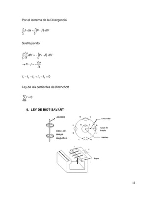 12
Por el teorema de la Divergencia
  
VA
dVJdaJ
Sustituyendo
 
t
J
dVJdV
t VV









054321  IIIII
Ley de las corrientes de Kirchchoff
 
nodo
I 0
6. LEY DE BIOT-SAVART
 